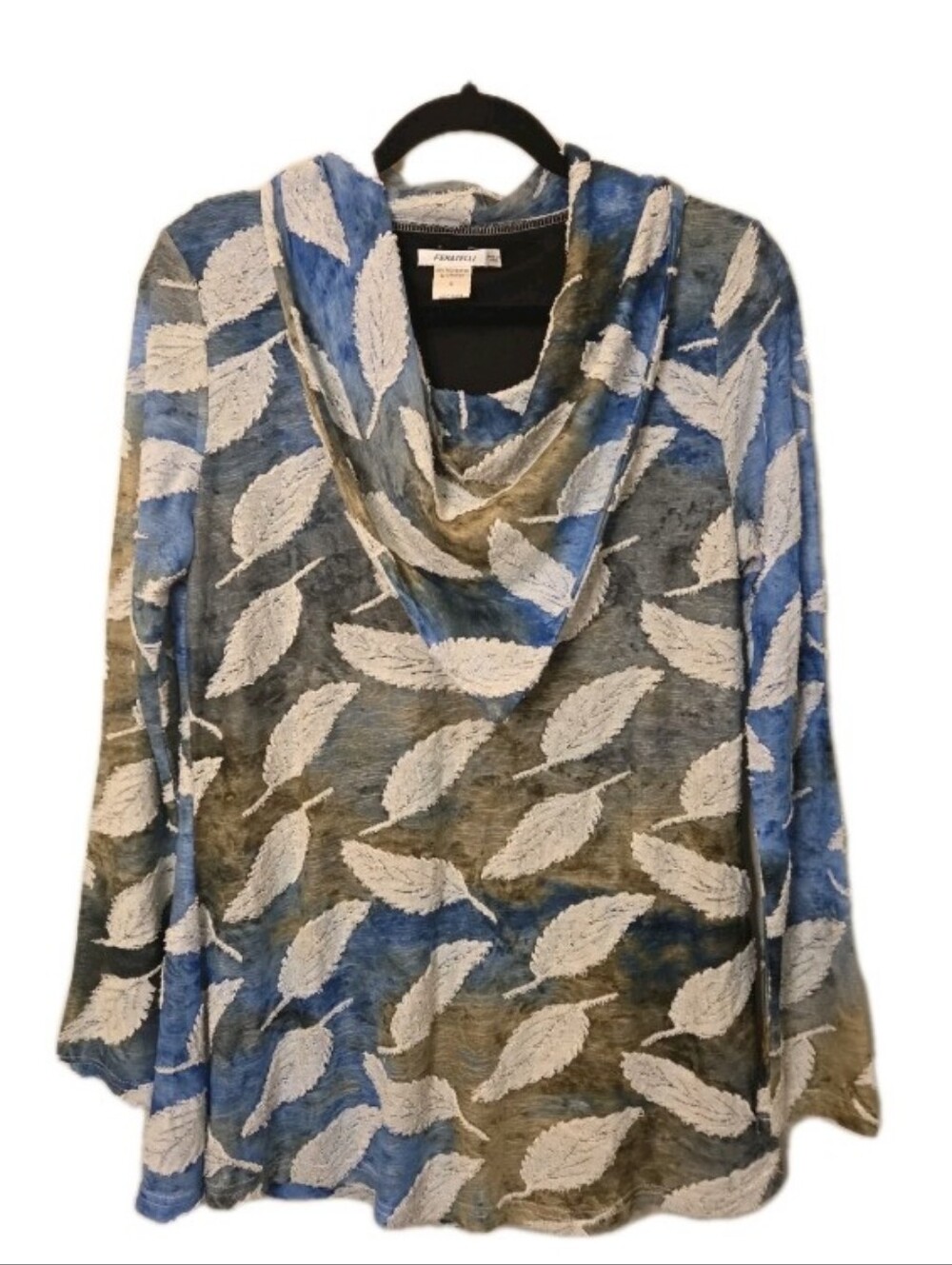 Feratelli Feather Leaf Print Cowl Neck Blouse Top Semi Sheer Size Small